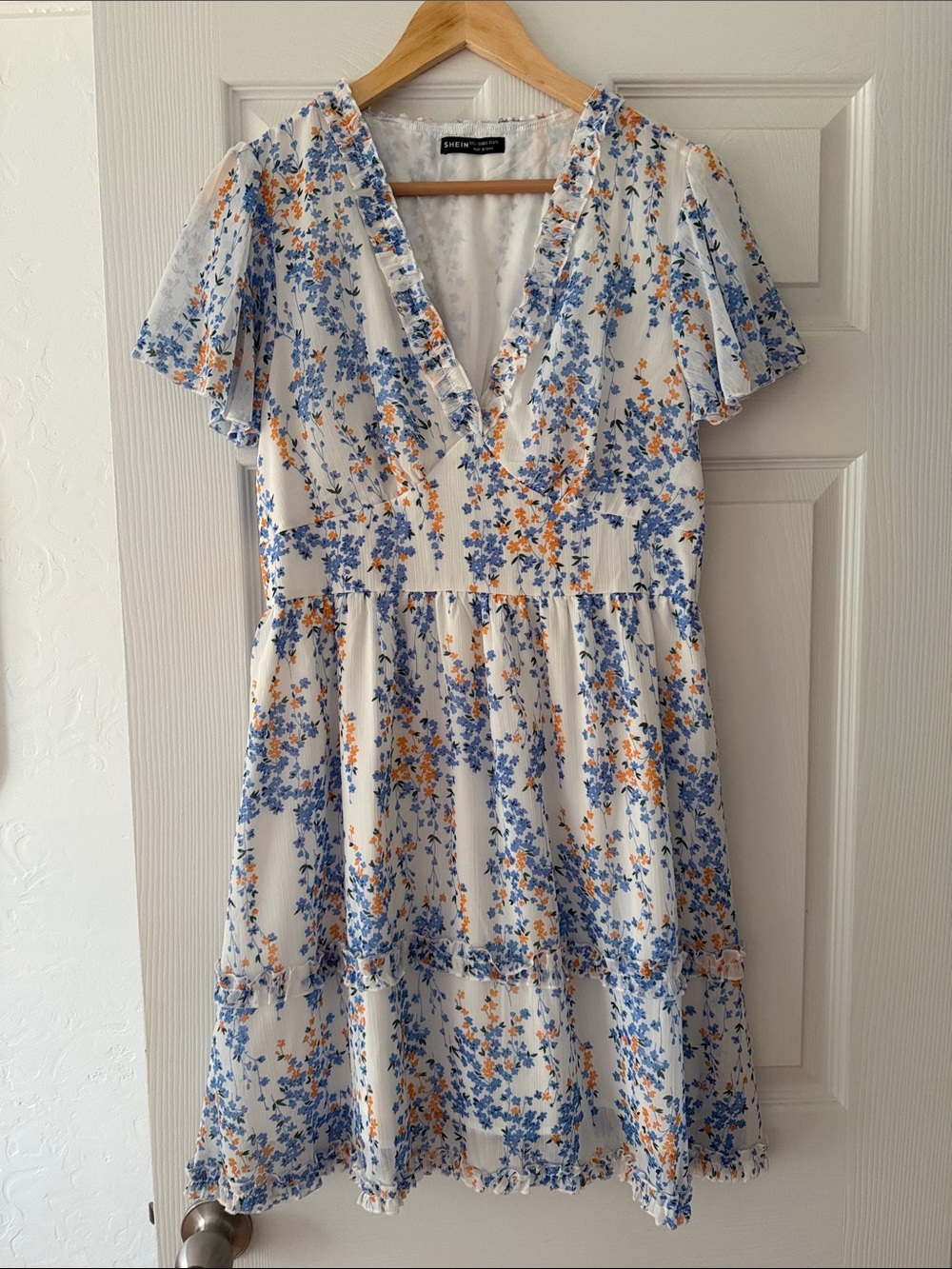 SHEIN White Midi Dress with Blue and Orange Floral Print